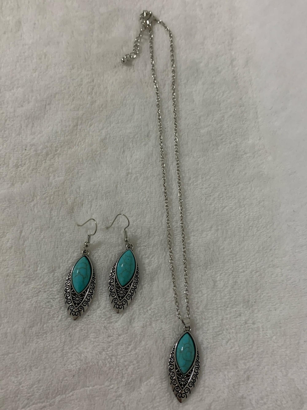 Teardrop Turquoise Stone Silver-Tone Necklace & Earrings Set